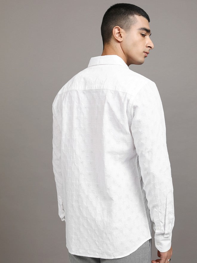 Highlander Men White Textured Regular Fit Casual Shirt - White - Image 3