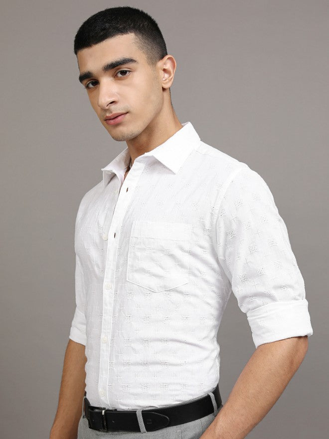 Highlander Men White Textured Regular Fit Casual Shirt - White - Image 4