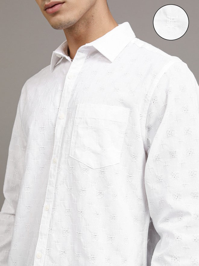 Highlander Men White Textured Regular Fit Casual Shirt - White - Image 5