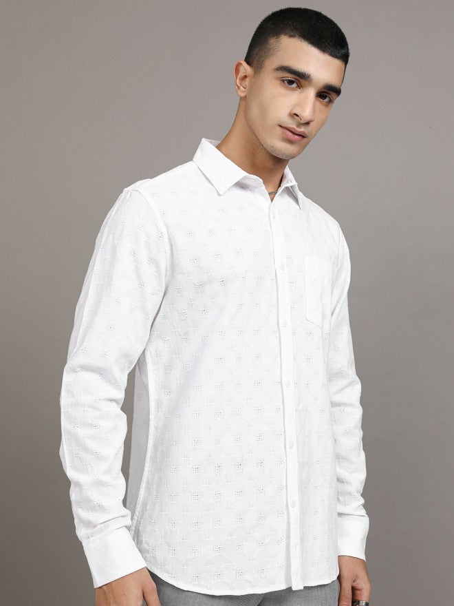 Highlander Men White Textured Regular Fit Casual Shirt - White - Image 6