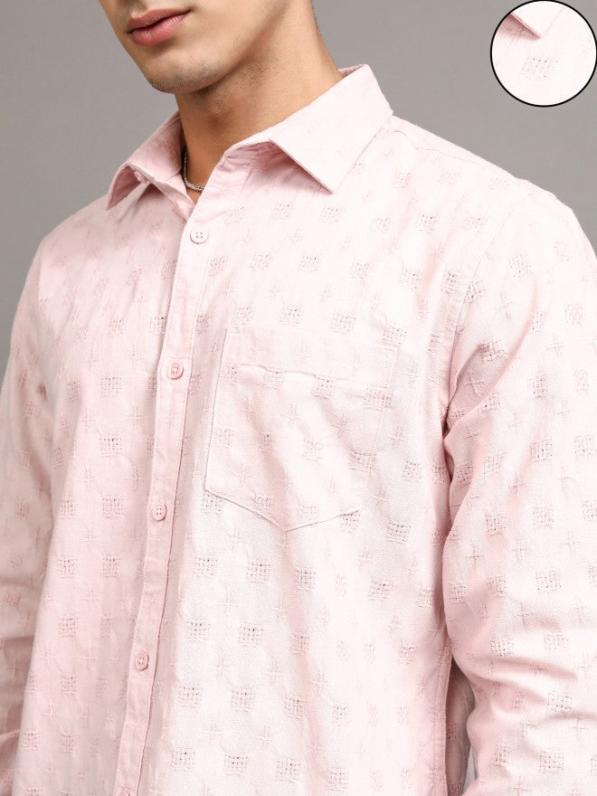 Highlander Men Pink Textured Regular Fit Casual Shirt - Pink - Image 5
