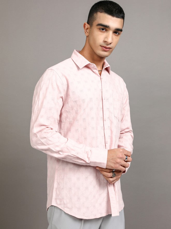 Highlander Men Pink Textured Regular Fit Casual Shirt - Pink - Image 6
