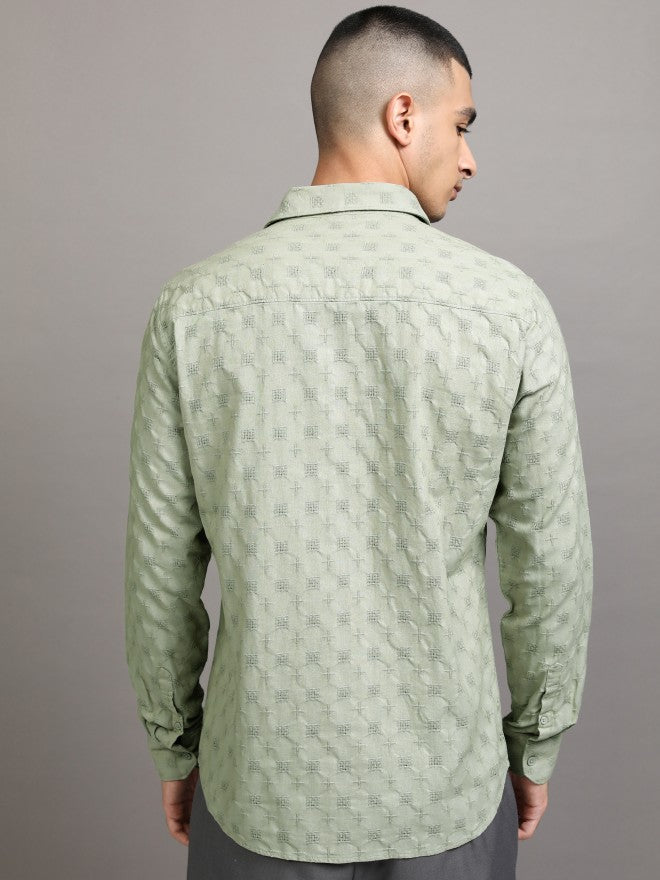 Highlander Men Green Textured Regular Fit Casual Shirt - Green - Image 3