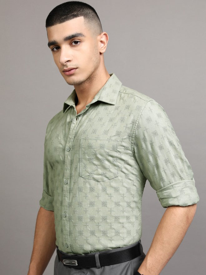 Highlander Men Green Textured Regular Fit Casual Shirt - Green - Image 4