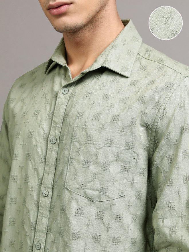 Highlander Men Green Textured Regular Fit Casual Shirt - Green - Image 5