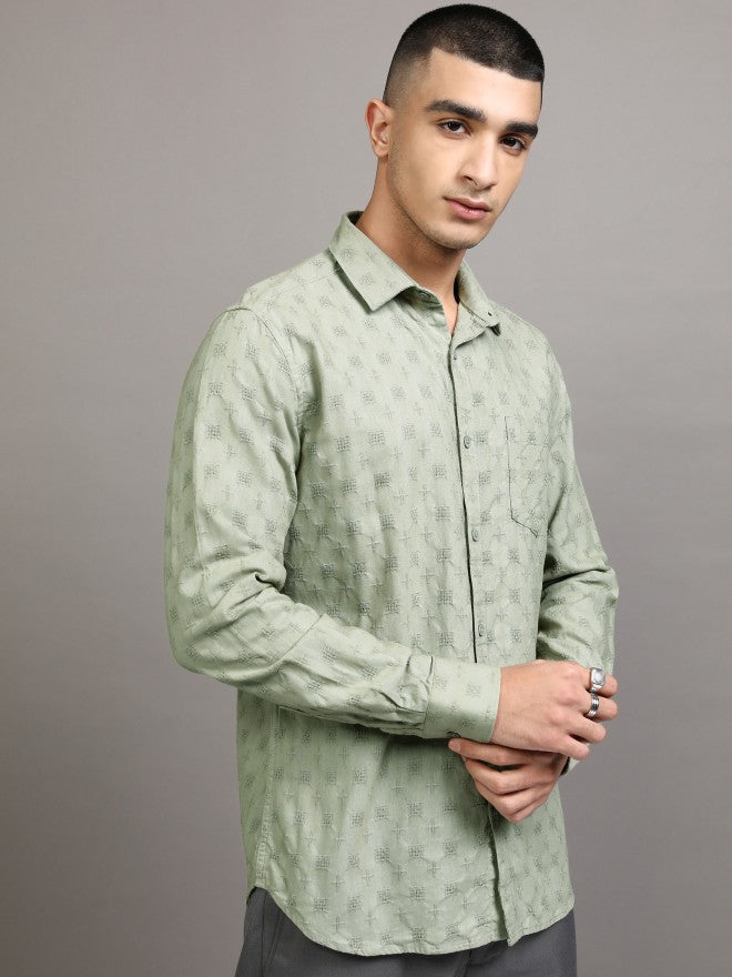 Highlander Men Green Textured Regular Fit Casual Shirt - Green - Image 6