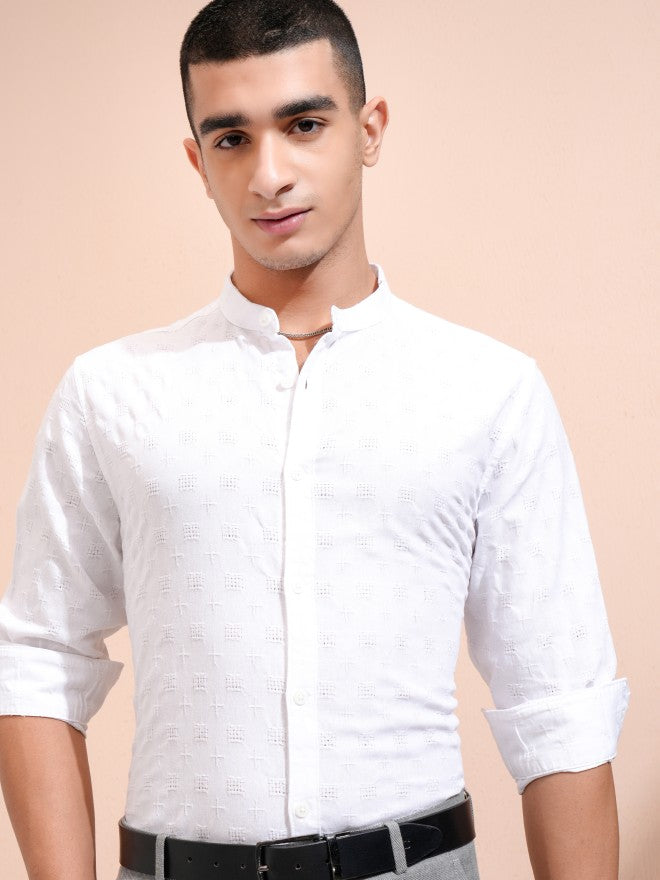 Highlander Men White Textured Regular Fit Casual Shirt - White - Image 1