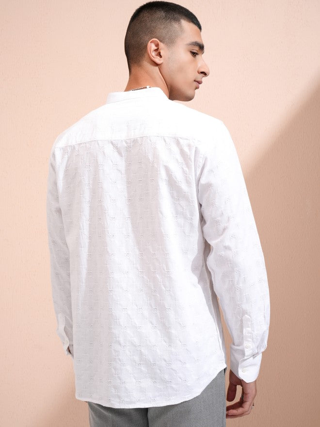 Highlander Men White Textured Regular Fit Casual Shirt - White - Image 3
