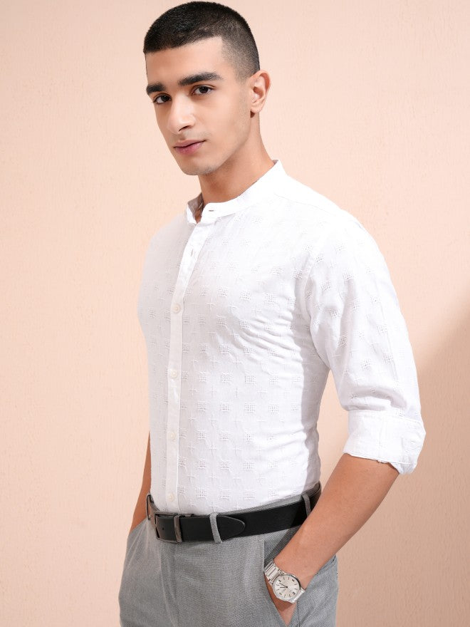 Highlander Men White Textured Regular Fit Casual Shirt - White - Image 4