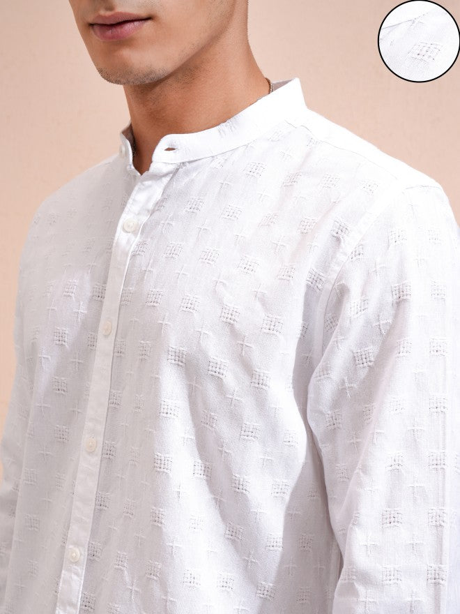 Highlander Men White Textured Regular Fit Casual Shirt - White - Image 5