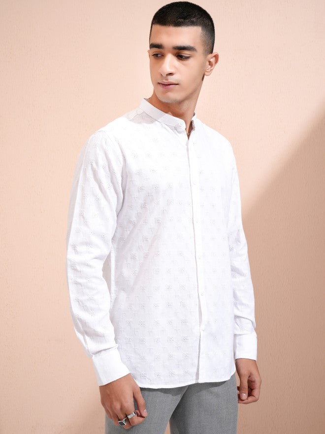 Highlander Men White Textured Regular Fit Casual Shirt - White - Image 6