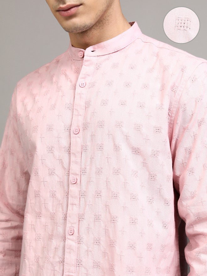 Highlander Men Pink Textured Regular Fit Casual Shirt - Pink - Image 5