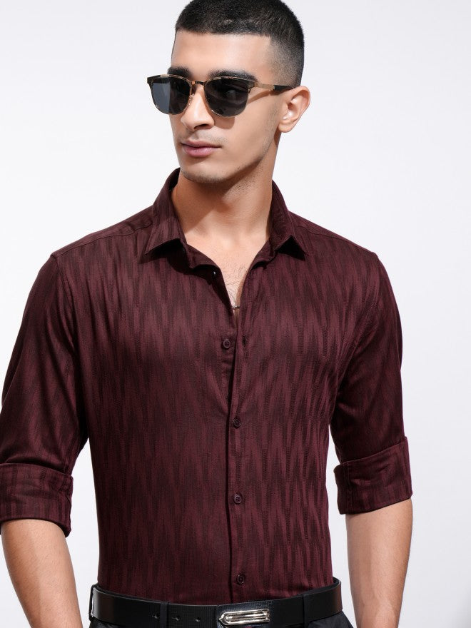 Highlander Men Maroon Textured Slim Fit Casual Shirt - Maroon - Image 1