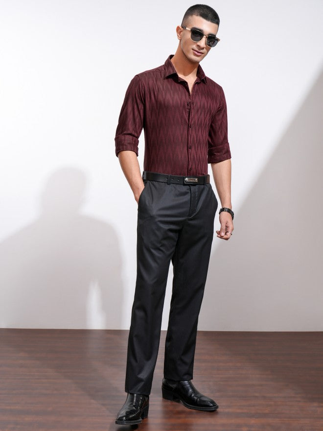 Highlander Men Maroon Textured Slim Fit Casual Shirt - Maroon - Image 2