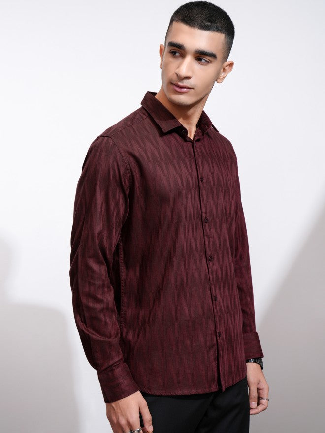 Highlander Men Maroon Textured Slim Fit Casual Shirt - Maroon - Image 6
