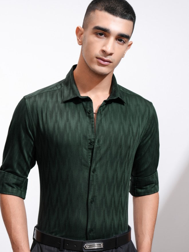 Highlander Men Green Textured Slim Fit Casual Shirt - Green - Image 1