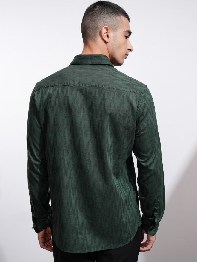 Highlander Men Green Textured Slim Fit Casual Shirt - Green - Image 3