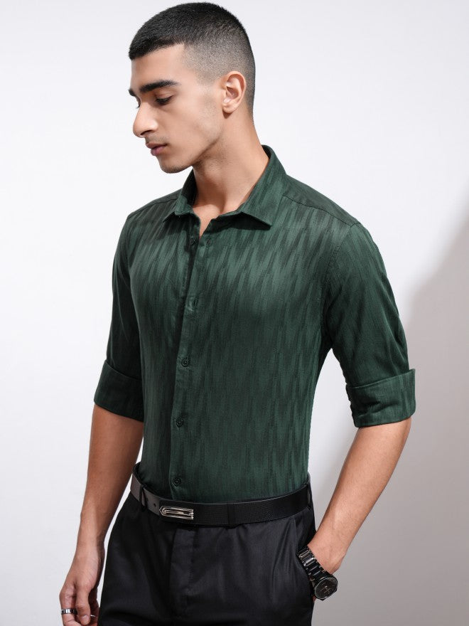 Highlander Men Green Textured Slim Fit Casual Shirt - Green - Image 4