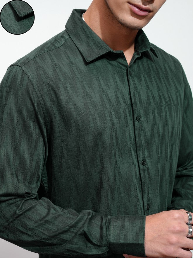 Highlander Men Green Textured Slim Fit Casual Shirt - Green - Image 5