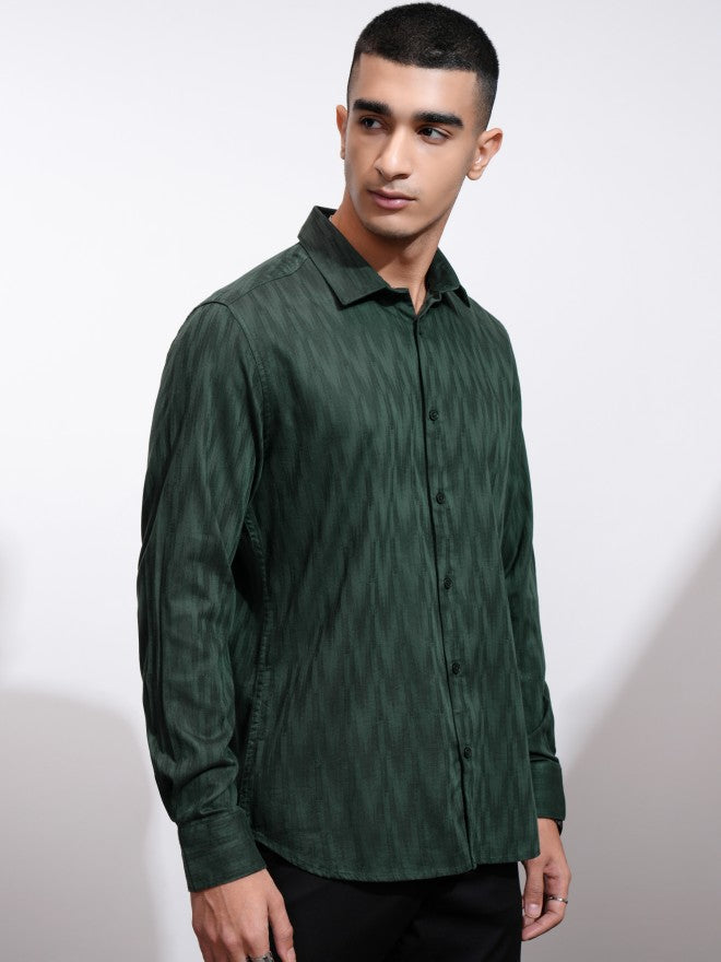 Highlander Men Green Textured Slim Fit Casual Shirt - Green - Image 6