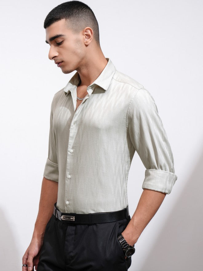 Highlander Men Green Textured Slim Fit Casual Shirt - Green - Image 4