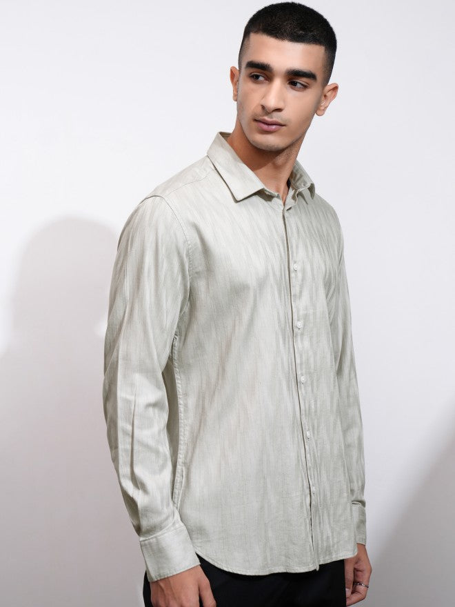 Highlander Men Green Textured Slim Fit Casual Shirt - Green - Image 6
