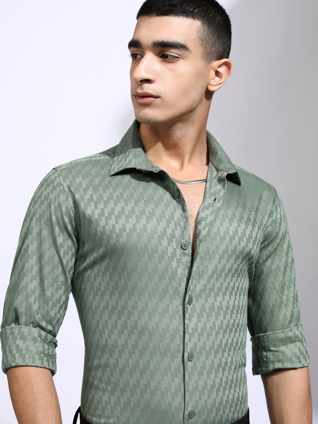 Highlander Men Green Self Design Slim Fit Casual Shirt - Green - Image 1