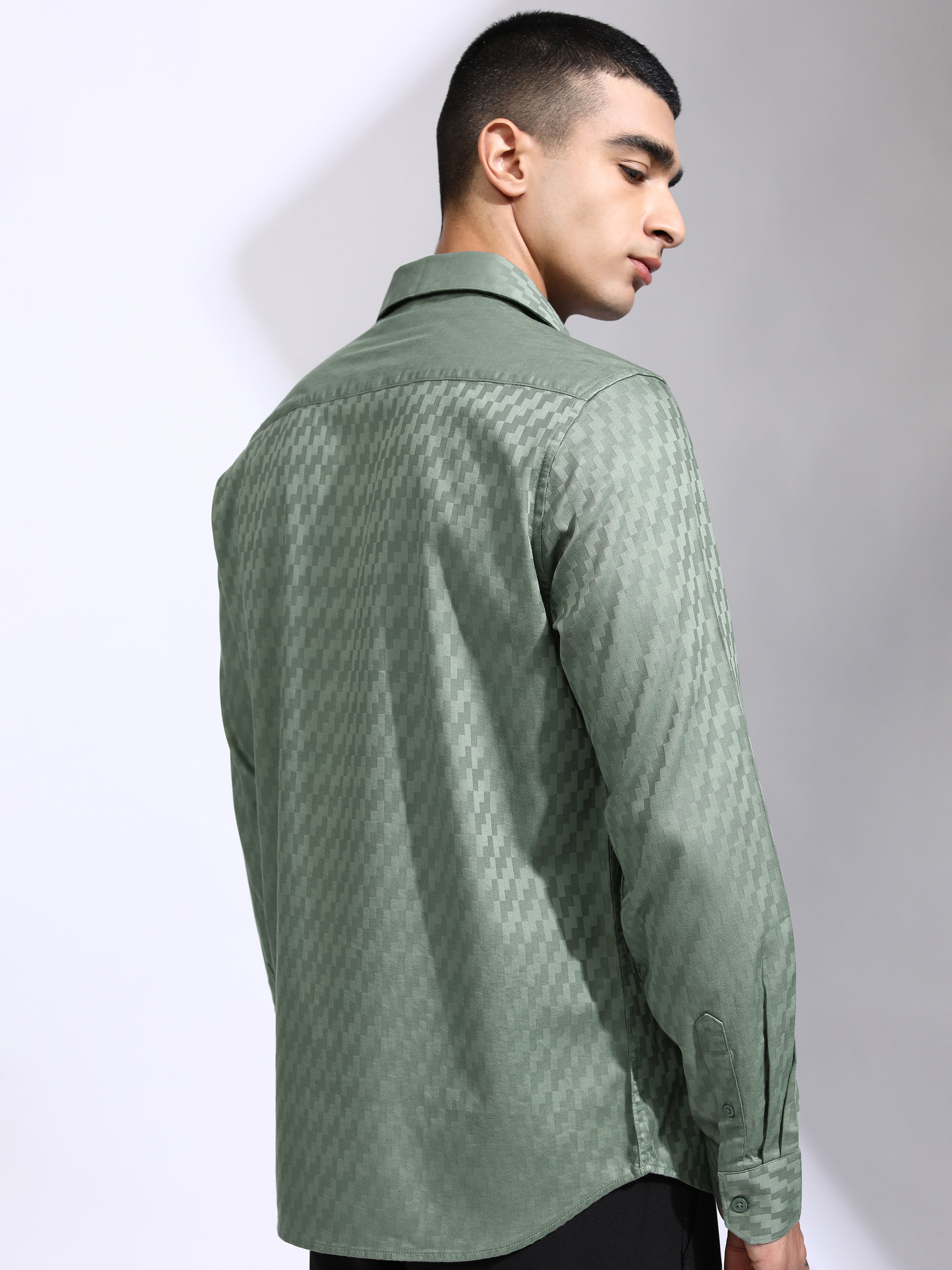 Highlander Men Green Self Design Slim Fit Casual Shirt - Green - Image 3