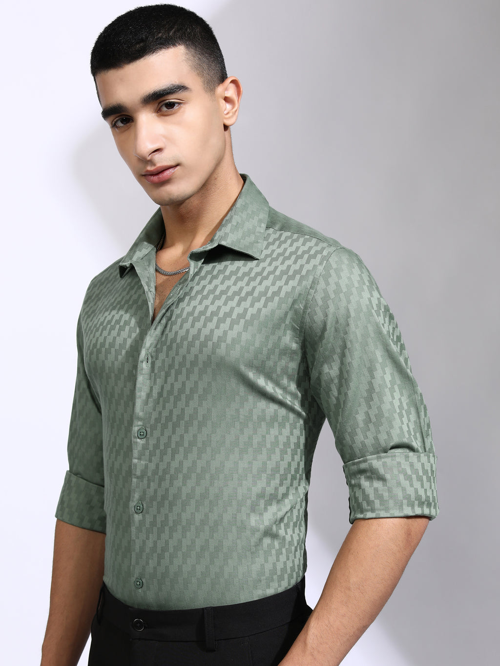 Highlander Men Green Self Design Slim Fit Casual Shirt - Green - Image 4