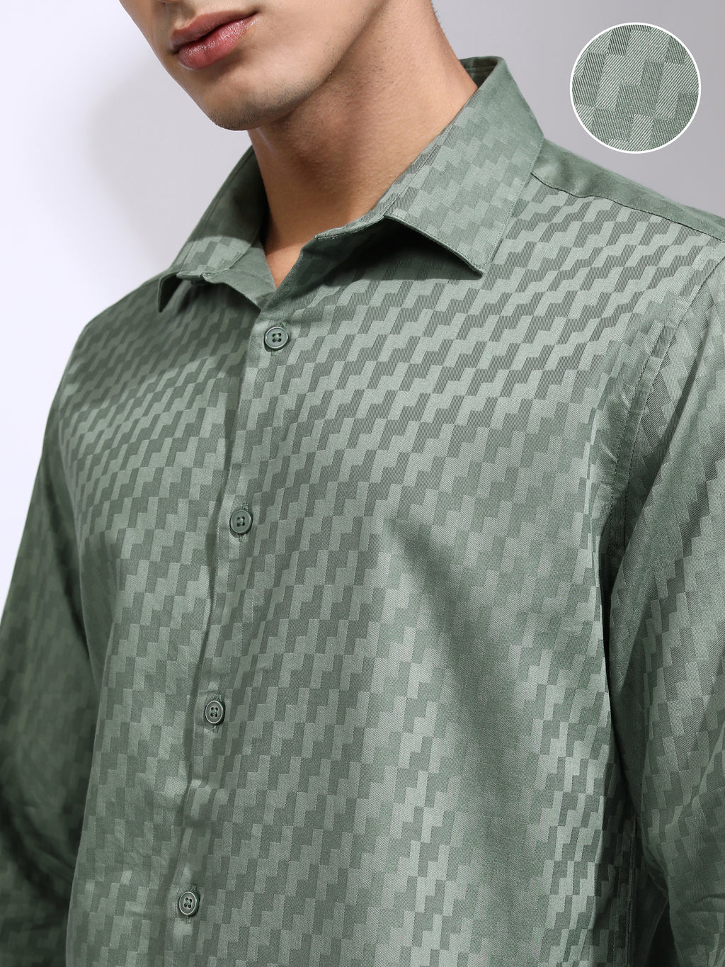 Highlander Men Green Self Design Slim Fit Casual Shirt - Green - Image 5