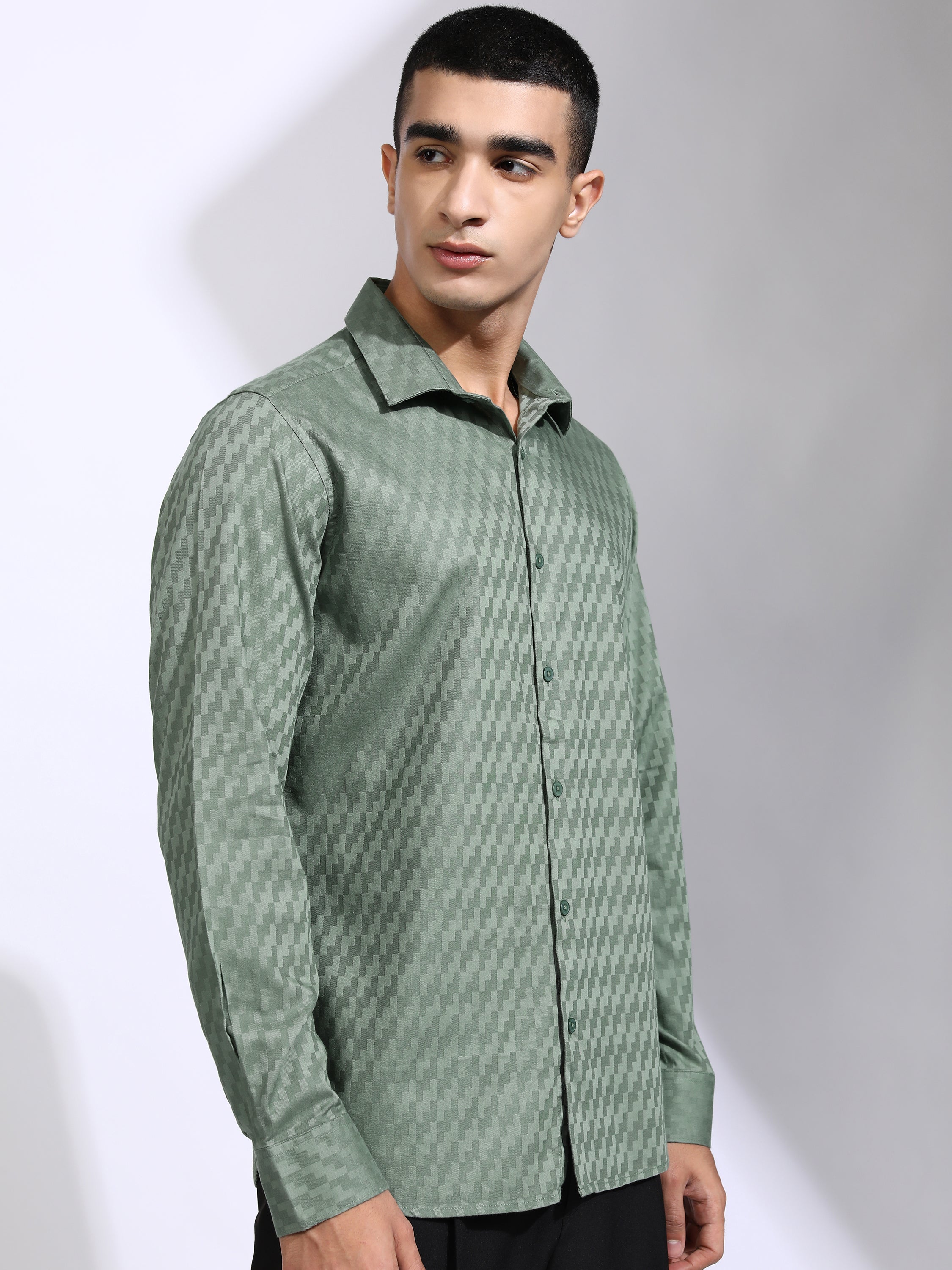 Highlander Men Green Self Design Slim Fit Casual Shirt - Green - Image 6
