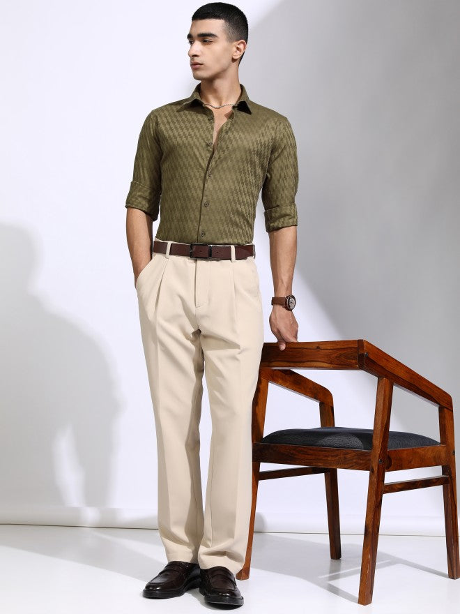 Highlander Men Olive Self Design Slim Fit Casual Shirt - Olive - Image 2