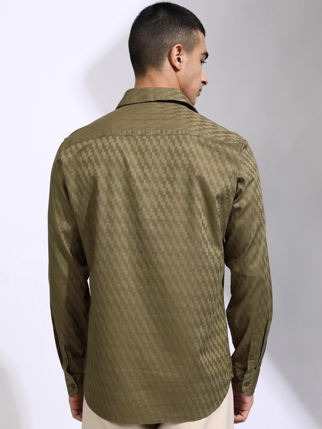 Highlander Men Olive Self Design Slim Fit Casual Shirt - Olive - Image 3