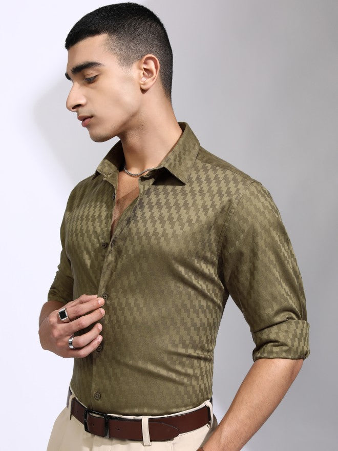 Highlander Men Olive Self Design Slim Fit Casual Shirt - Olive - Image 4