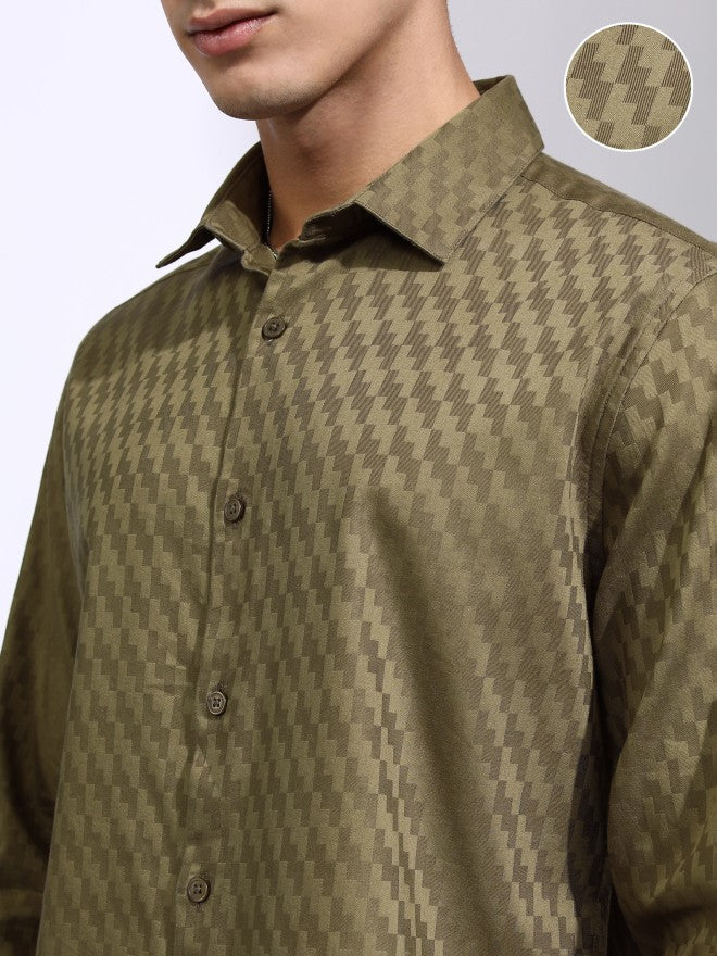 Highlander Men Olive Self Design Slim Fit Casual Shirt - Olive - Image 5