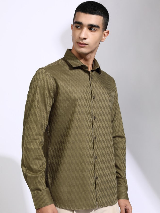 Highlander Men Olive Self Design Slim Fit Casual Shirt - Olive - Image 6