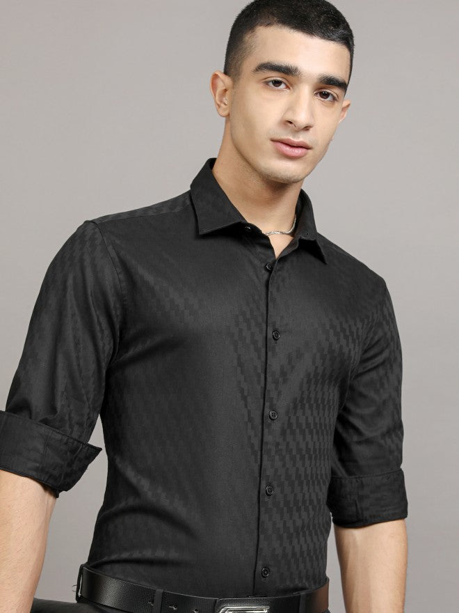 Highlander Men Black Self Design Slim Fit Casual Shirt - Black - Image 1