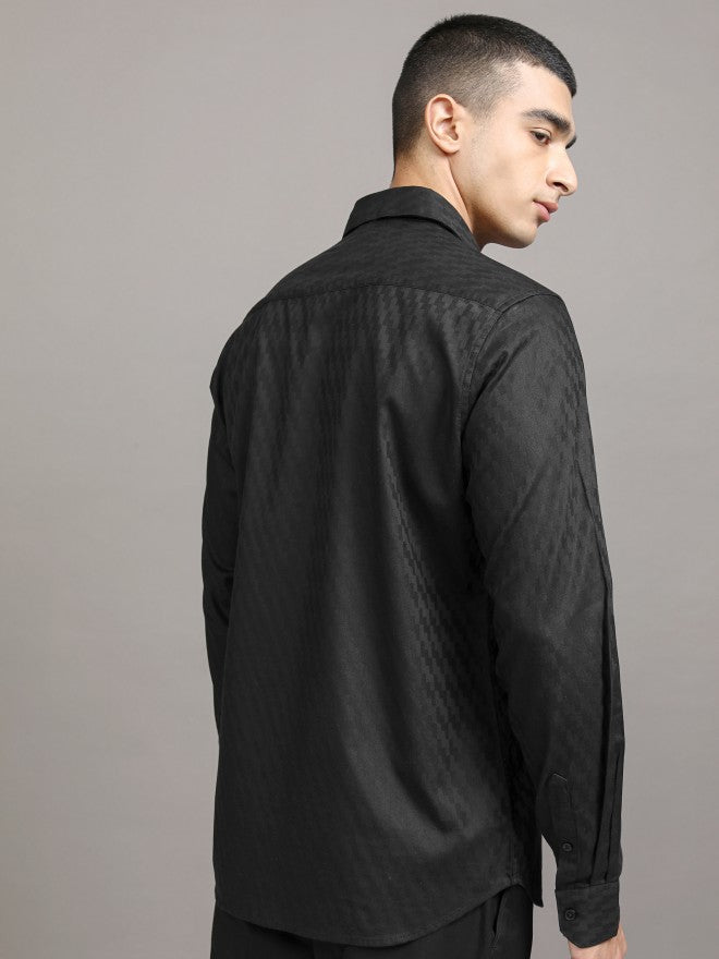 Highlander Men Black Self Design Slim Fit Casual Shirt - Black - Image 3