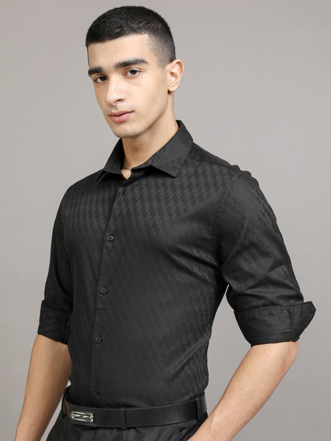 Highlander Men Black Self Design Slim Fit Casual Shirt - Black - Image 4