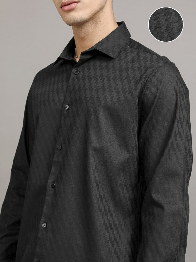 Highlander Men Black Self Design Slim Fit Casual Shirt - Black - Image 5