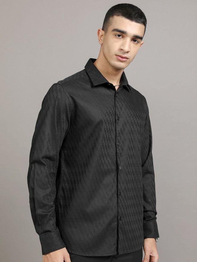 Highlander Men Black Self Design Slim Fit Casual Shirt - Black - Image 6
