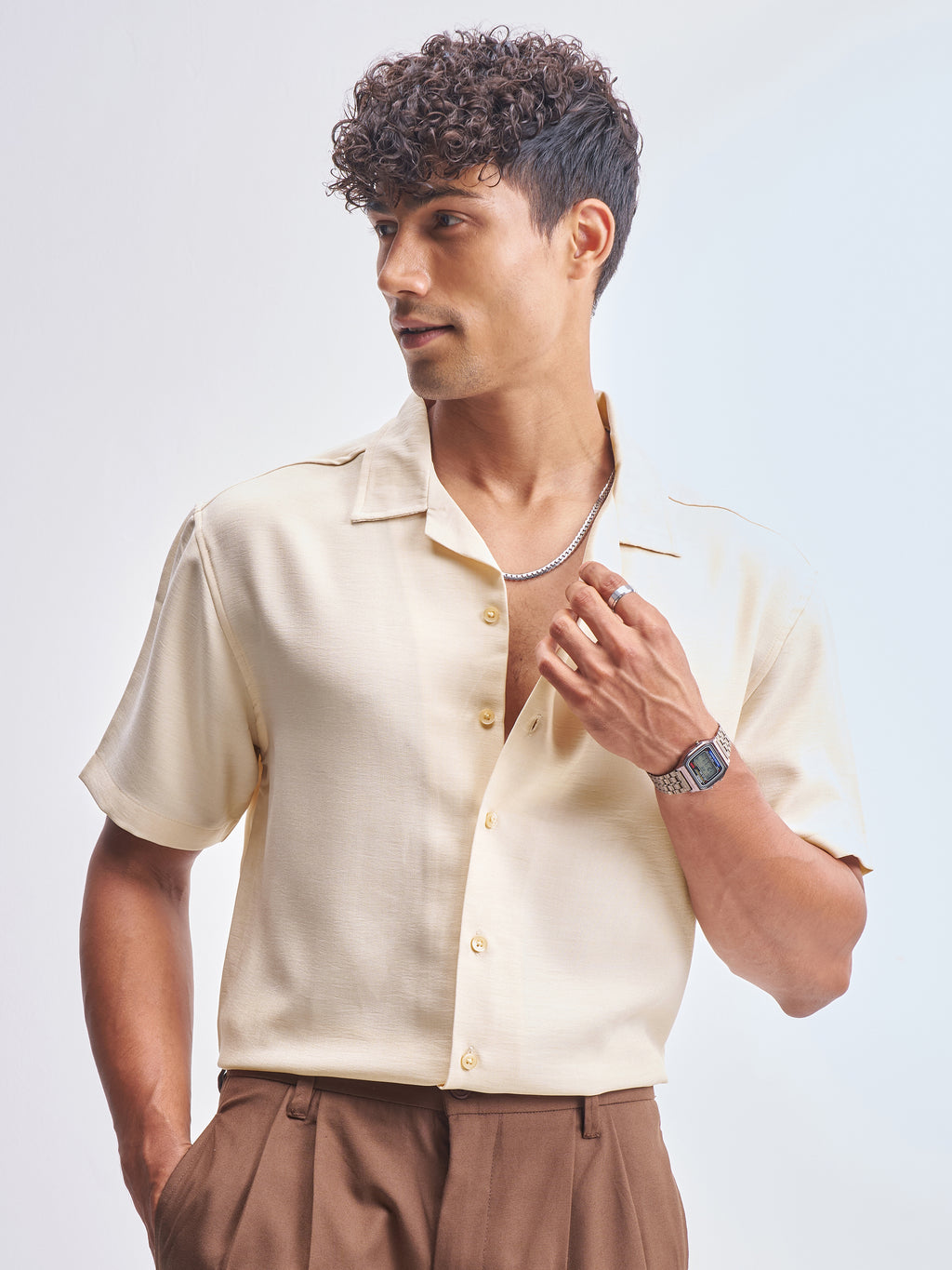 Highlander Men Cream Solid Relaxed Fit Casual Shirt - Cream - Image 1