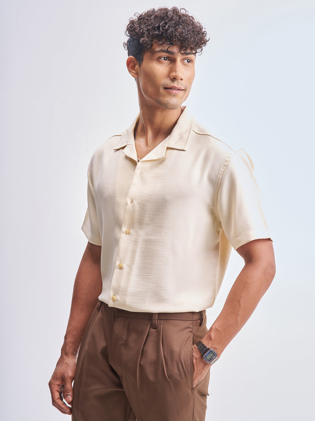 Highlander Men Cream Solid Relaxed Fit Casual Shirt - Cream - Image 4