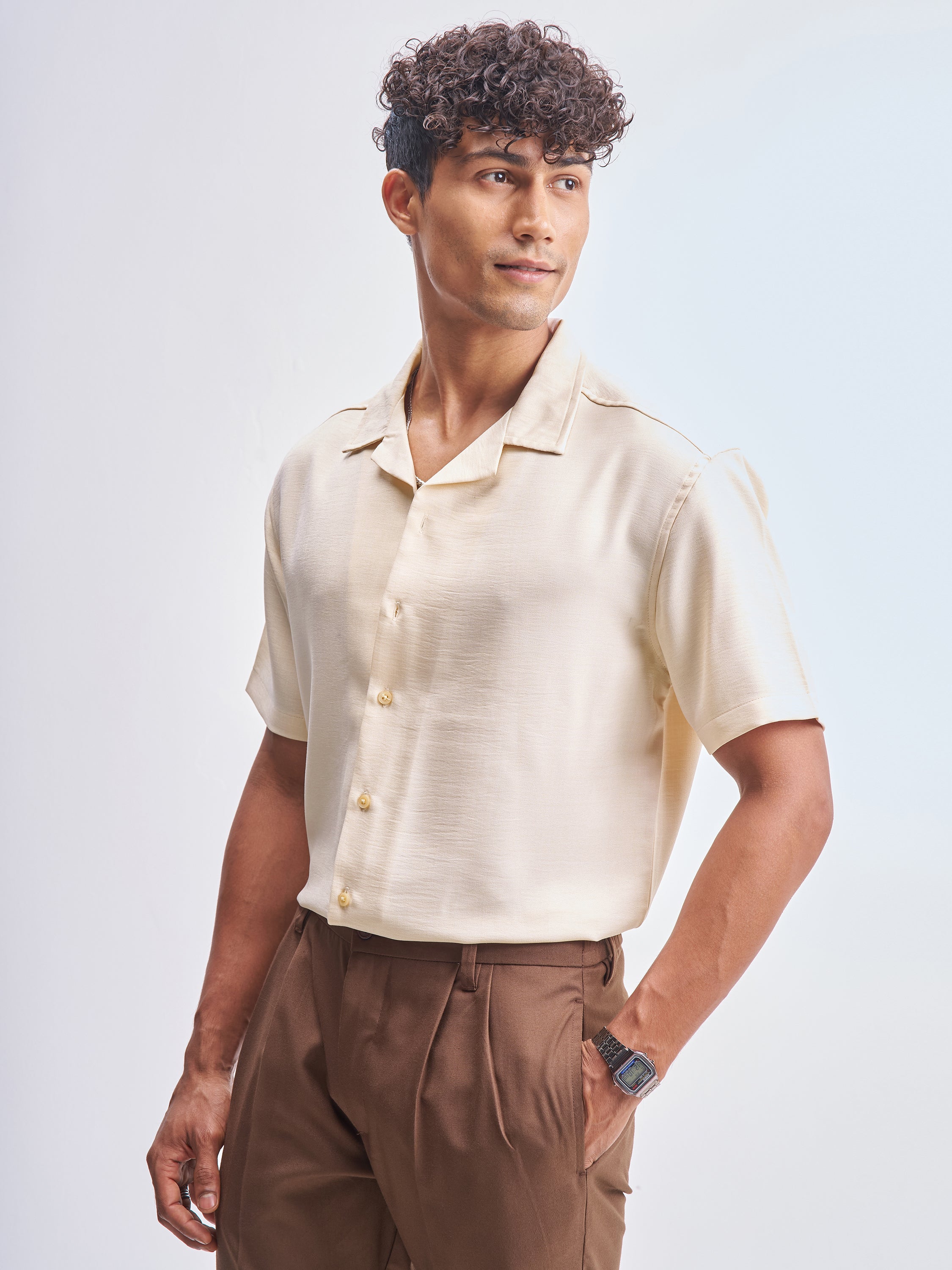 Highlander Men Cream Solid Relaxed Fit Casual Shirt - Cream - Image 4