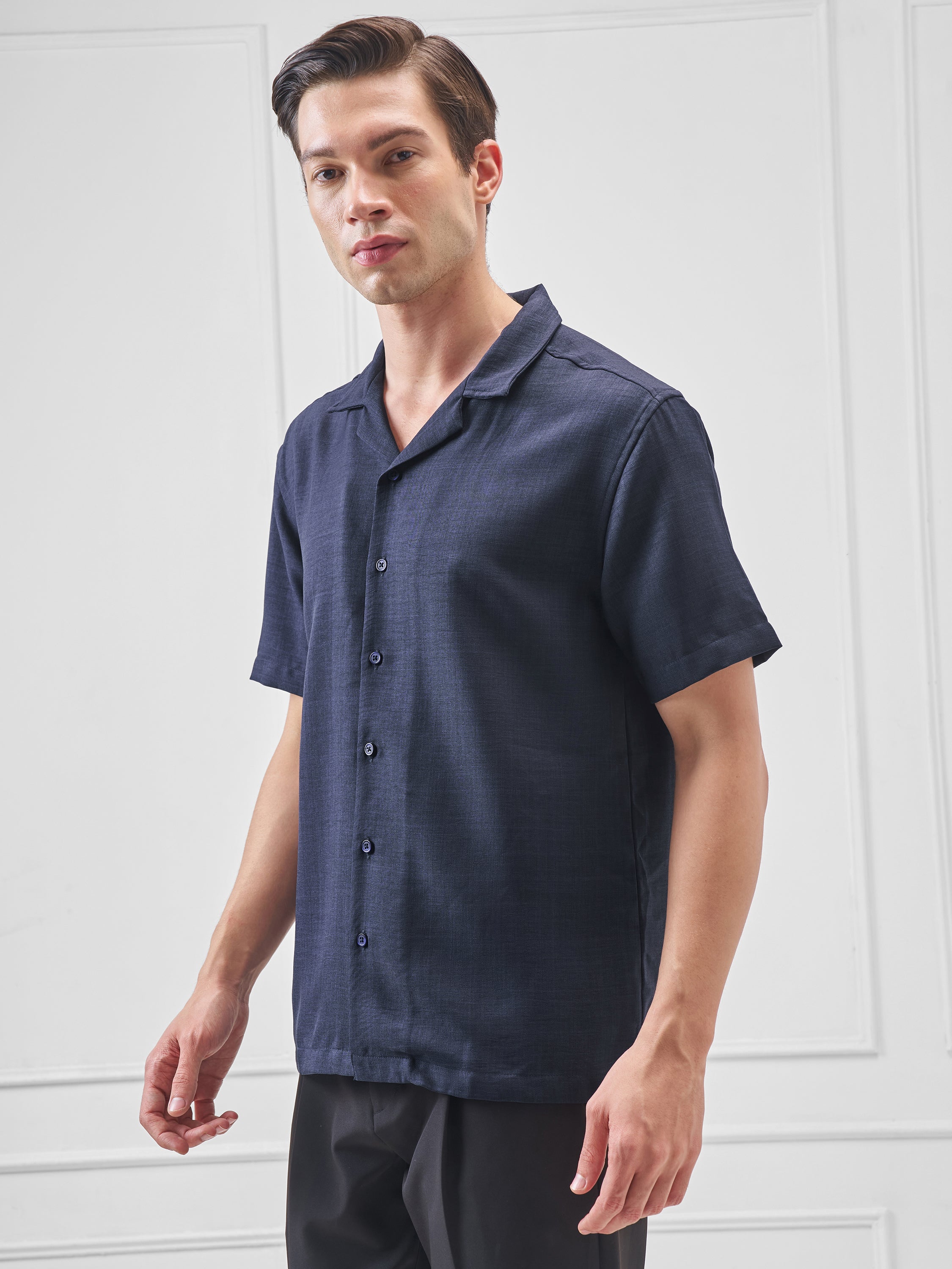 Highlander Men Navy Blue Solid Relaxed Fit Casual Shirt - Navy Blue - Image 4