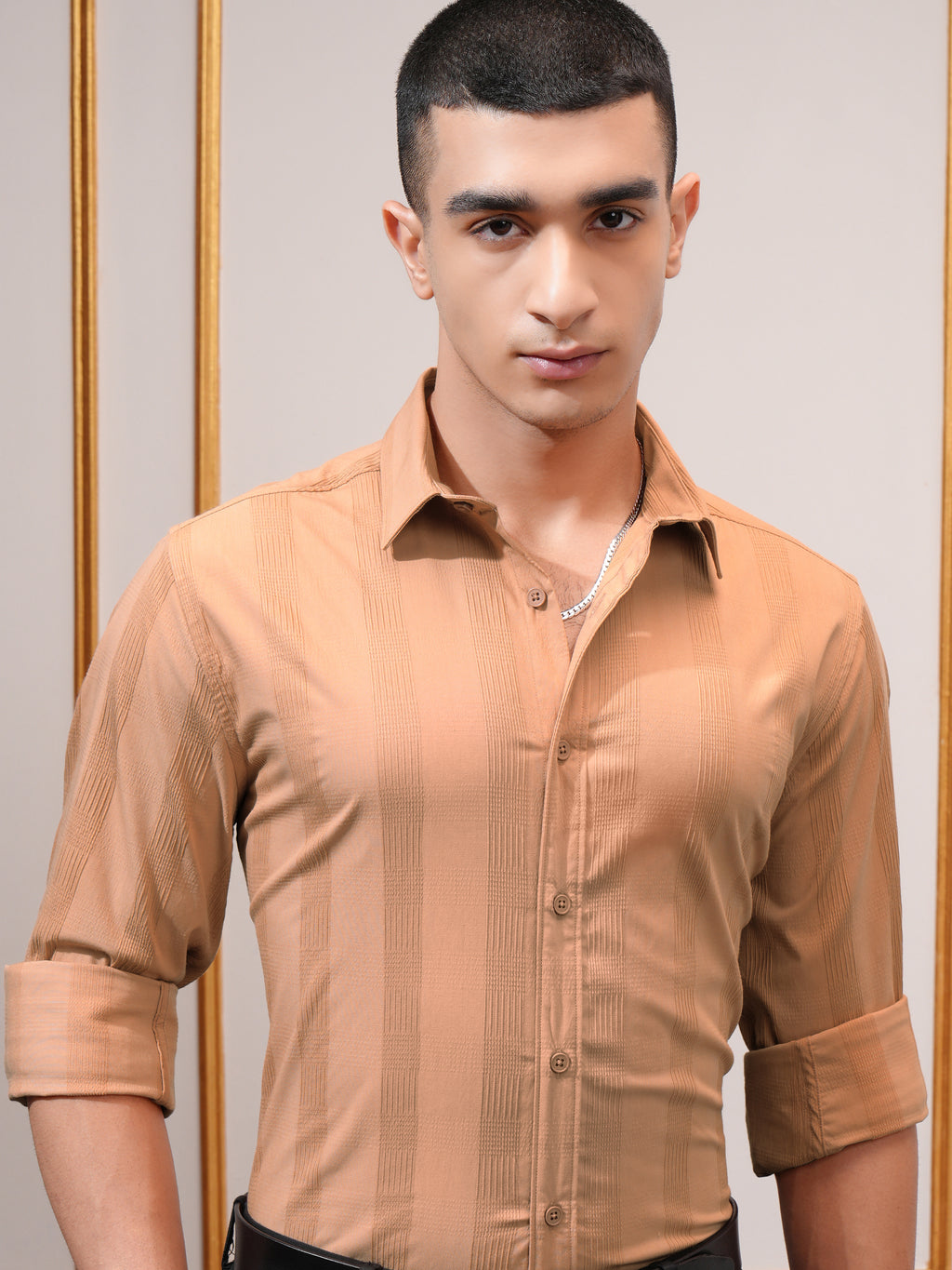 Highlander Men Orange Self Design Slim Fit Casual Shirt - Orange - Image 1