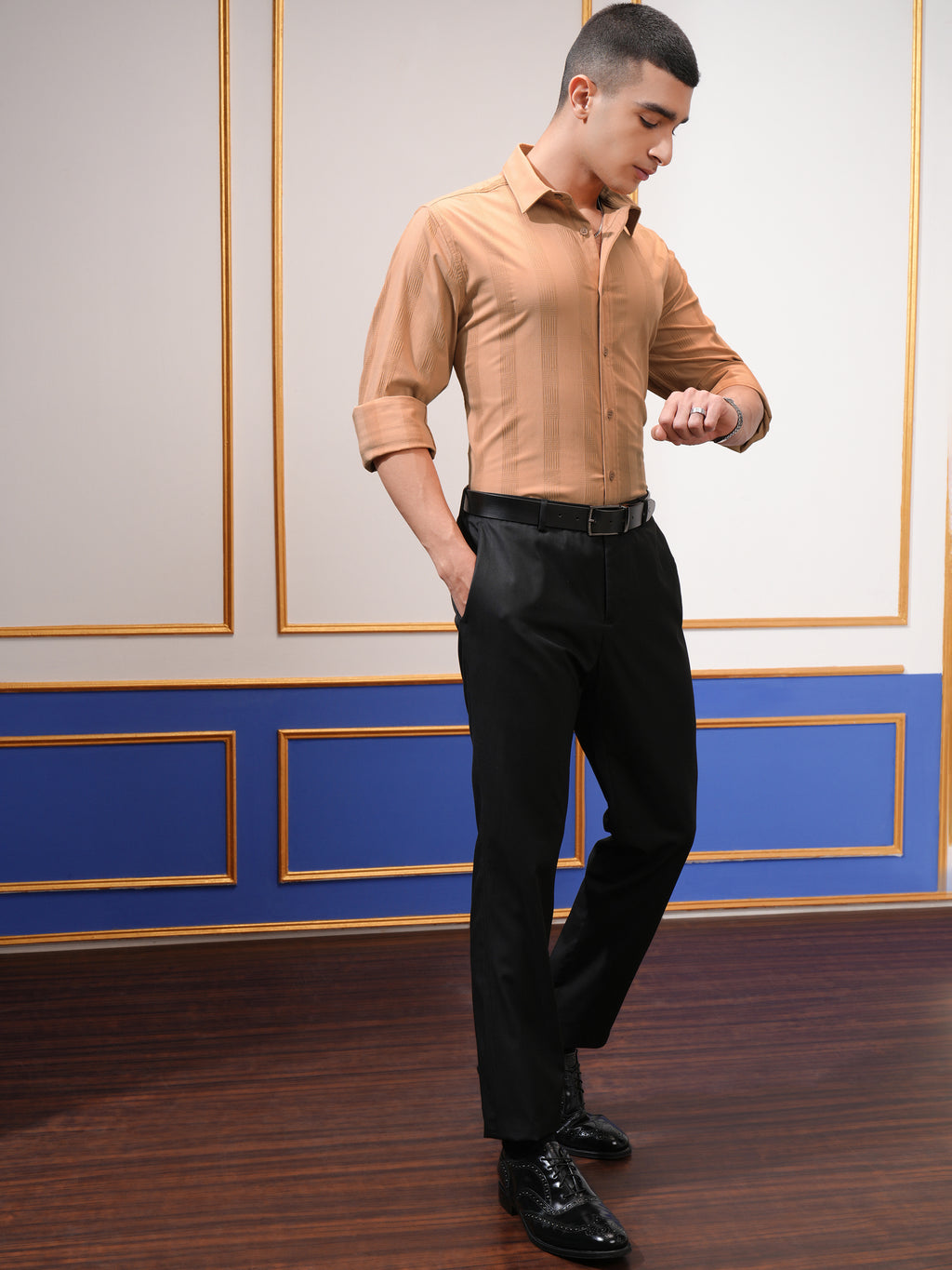 Highlander Men Orange Self Design Slim Fit Casual Shirt - Orange - Image 2
