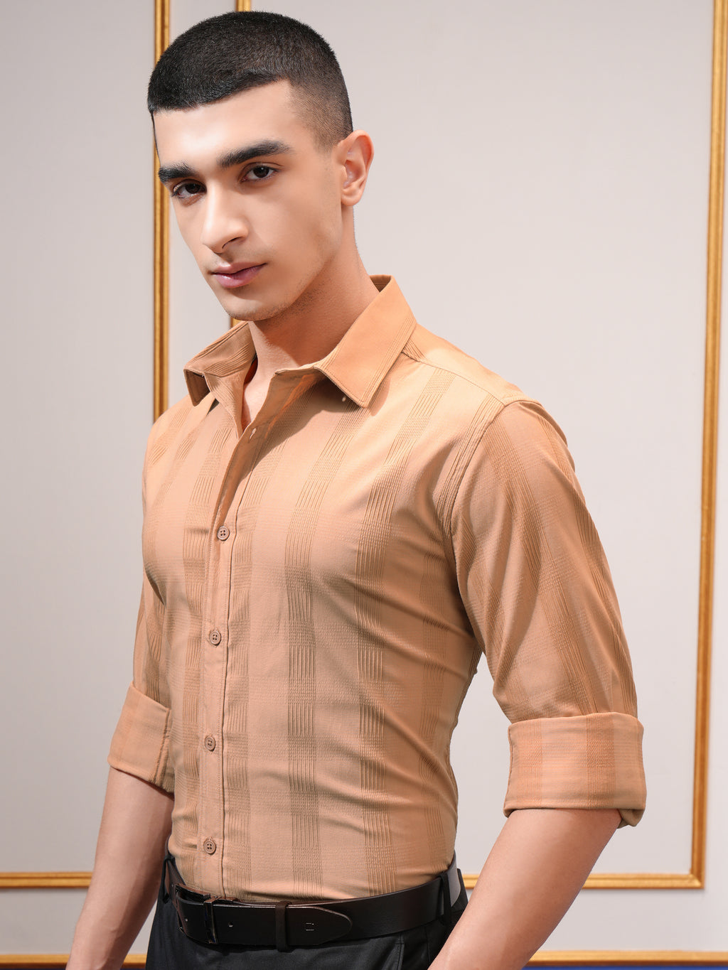Highlander Men Orange Self Design Slim Fit Casual Shirt - Orange - Image 4