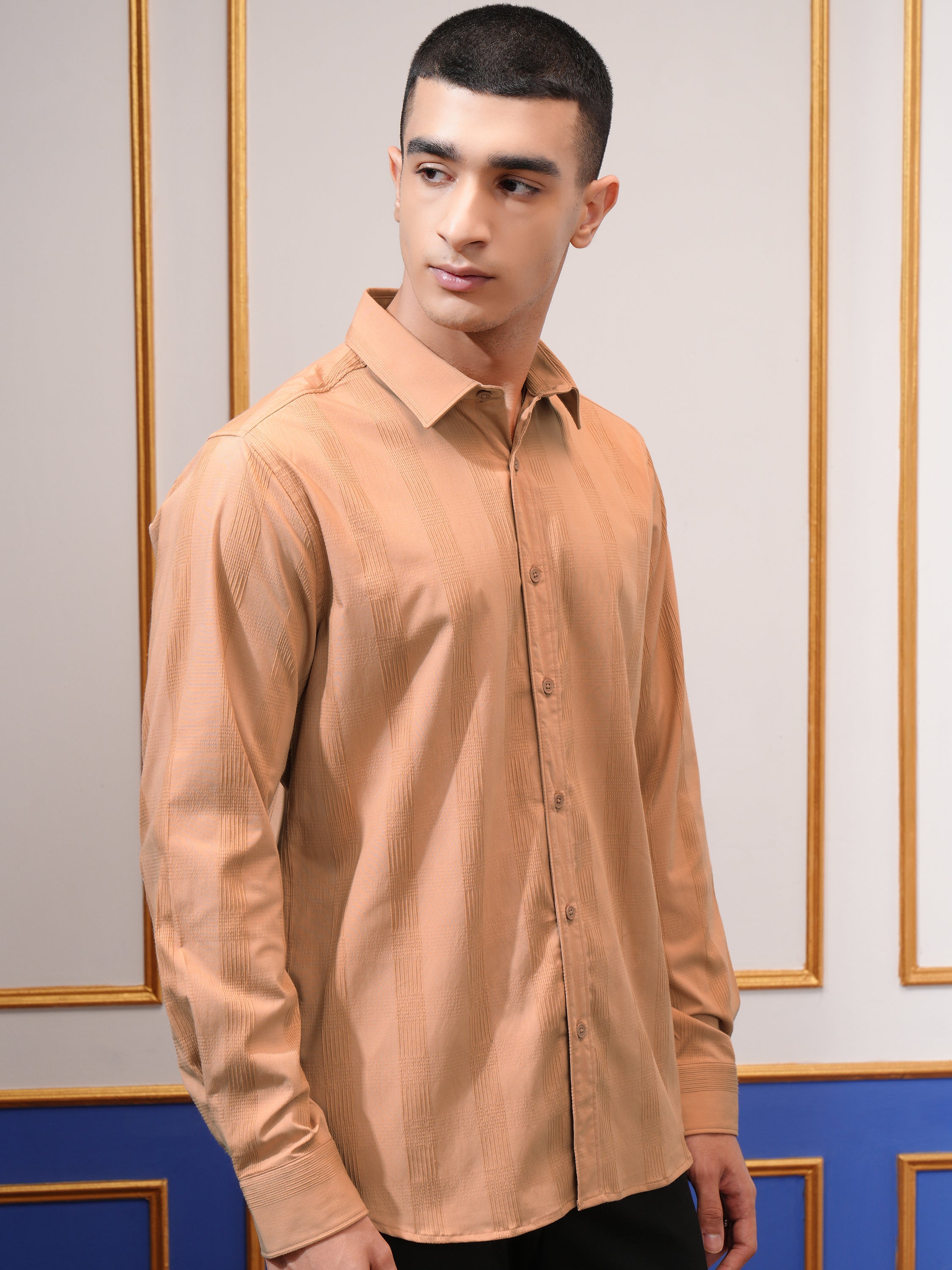 Highlander Men Orange Self Design Slim Fit Casual Shirt - Orange - Image 6