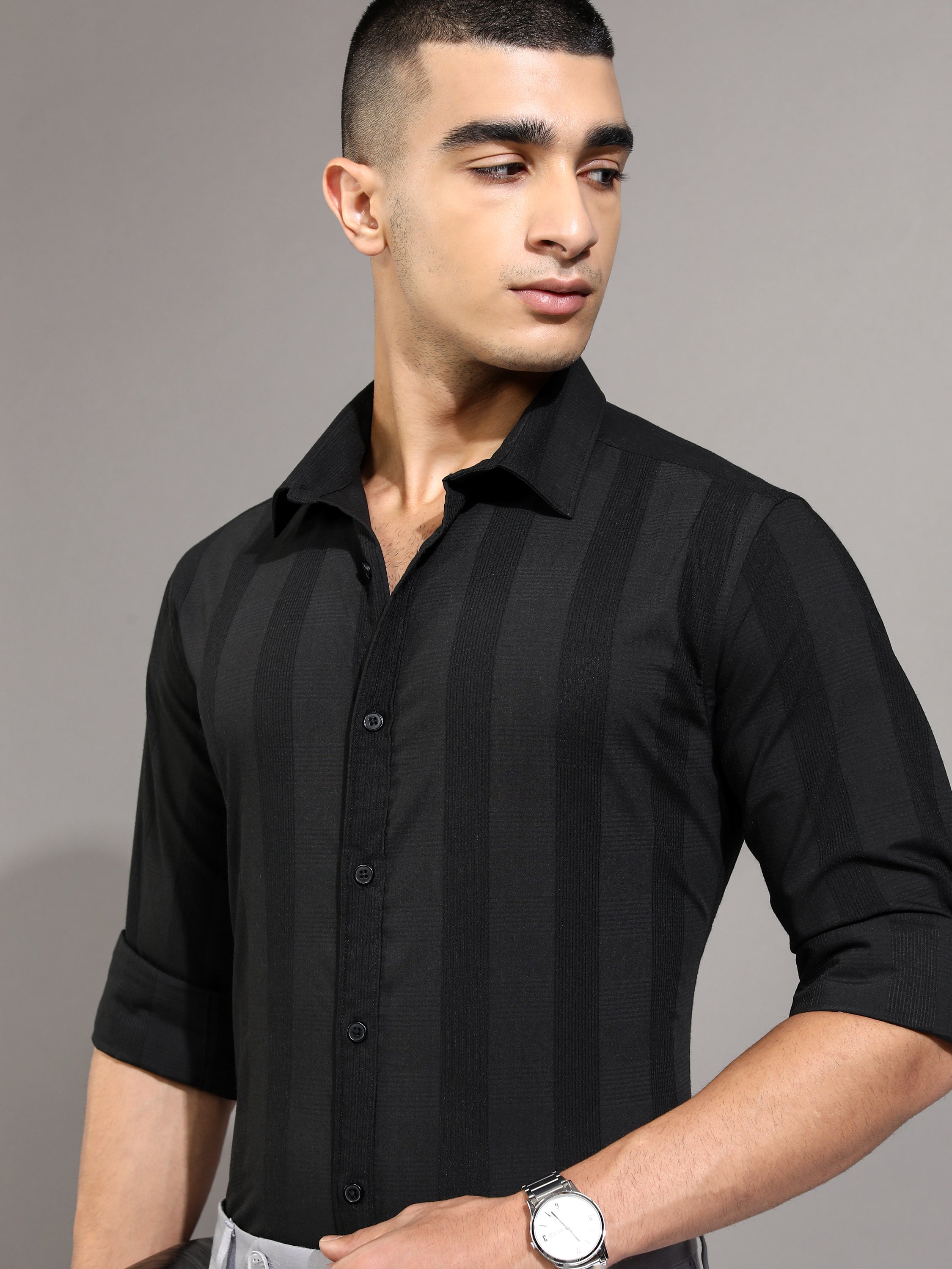 Highlander Men Black Striped Slim Fit Casual Shirt - Black - Image 1